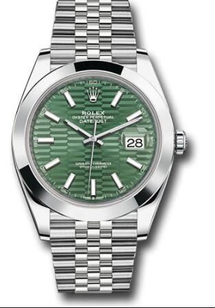 Replica Rolex Oystersteel Datejust 41 Watch 126300 Smooth Bezel Mint Green Fluted Motif Index Dial Jubilee Bracelet